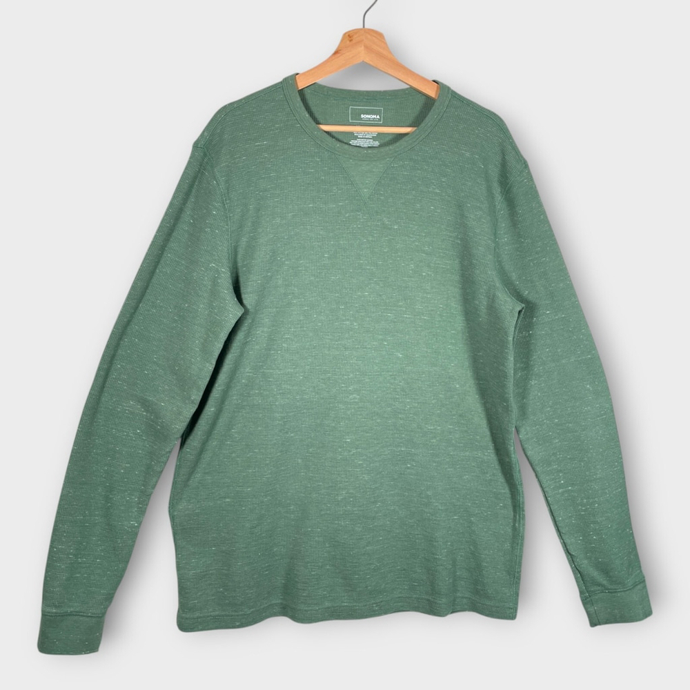🦜 SONOMA Waffle Knit Shirt Men's XL TALL Green Crew Neck Outdoor Casual